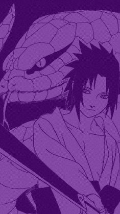 an anime character holding two swords in front of a purple background with black and white lines