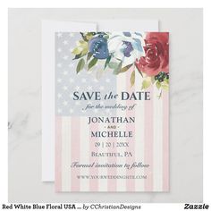 save the date card with an american flag and flowers on it's front side