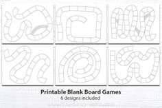 four printable blank board games with the letters g, c, d and e