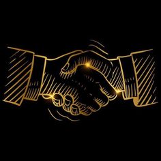 two hands shaking each other over a black background with gold lines on the top and bottom