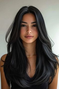 Black Hair Long Haircut, Subtle Haircuts For Long Hair, Cute Haircuts For Black Hair, Jet Black Hair Hairstyles, Haircuts With Black Hair, Medium Length Hair With Subtle Layers, Makeup Ideas For Black Hair, Hairstyles For Medium Length Black Hair