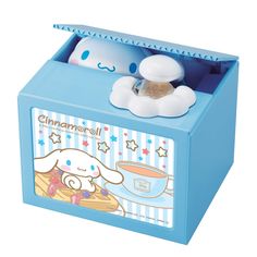 a blue box with a cartoon character on it's lid and tissue dispenser