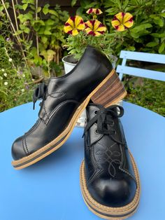 "Superb pair of early to mid 1970s Stead and Simpson black leather platform spoon duck toe shoes in as you can see outstanding condition with just light signs of wear to the soles,probably only worn once or twice max. Hell height is 2&1/4\" inches  Would be suitable for both Male and Female. Uk size 6.5 Please check out my other vintage items  My Generation Vintage on Facebook and instagram" Vintage Brogue Lace-up Boots, Vintage Boots With Brogue Detailing And Almond Toe, Black Retro Platform Boots, Retro Boots With Rubber Sole And Round Toe, Vintage Leather Platform Boots With Round Toe, Retro Leather Platform Boots With Round Toe, Vintage Black Boots With Square Toe, Retro High Heel Platform Boots, Vintage High Heel Leather Platform Boots