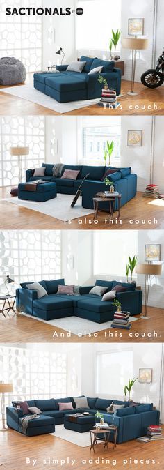 three different views of a living room with blue couches