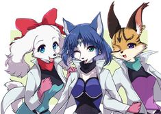 three anime cats are standing next to each other and one is wearing a cat costume