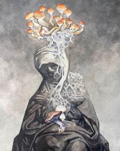 a painting of a woman with mushrooms on her head and hands in her other hand