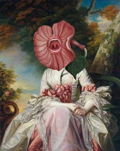 a painting with an image of a woman wearing a pink mask