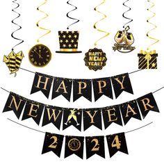 a happy new year banner with gold and black decorations