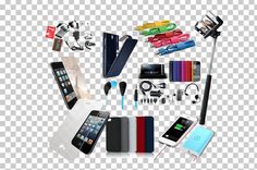 an assortment of electronics and gadgets displayed on a transparent background png clipart