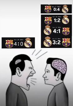 two men are talking to each other in front of the barcelona crests and numbers