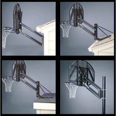 four different shots of basketball hoops with the net attached to each one's sides