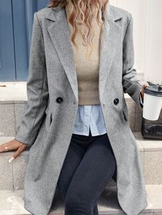 Cinza Casual Collar Manga Comprida Tecido Simples Regular Embellished Não elástico Grey Overcoat Outfit Women, Overcoat Outfit Women, Overcoat Outfit, Grey Overcoat, Outfit Mujer, Women Overcoat, Fall Essentials, Luxury Outfits, Women Clothing