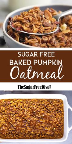 baked pumpkin oatmeal in a casserole dish with text overlay