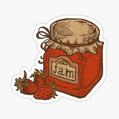 a jar of jam with strawberries sticker