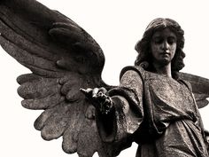 an angel statue is shown in black and white