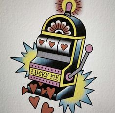 a drawing of a machine with hearts coming out of it's mouth and the words lucky me written on it