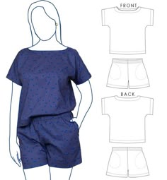 the front and back view of a women's short - sleeved top and shorts