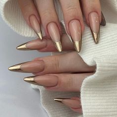 Gold French Tip, Acrylic Nails Stiletto, Nails Oval, Mirror Nails, Gel Acrylic Nails, Nagel Tips, Almond Nails Designs, Nail Swag, Head Design