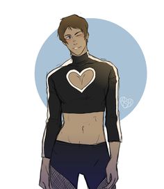 a drawing of a man in a black shirt and shorts with a heart on his chest