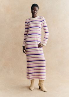 Straight maxi dress in alpaca wool with long sleeves;Round neckline;Length when worn: 128 cm / 50.4 in (for a S) Straight Maxi Dress, Aurora Dress, Eliza Dress, Victoria Dress, Alpaca Wool, French Fashion, Pink Print, Fall 2024, Parisian Style