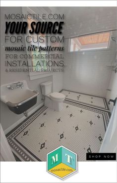 a white bathroom with black and white floor tiles on the walls is featured in this ad for mosaic tile company