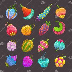 the different types of fruits and vegetables on a black background royalty illustration