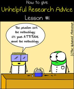 a cartoon character sitting at a desk with a thought bubble above it that says, how to give unhelful research advice lesson 1