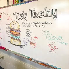 a white board with writing on it in front of a woman standing next to her