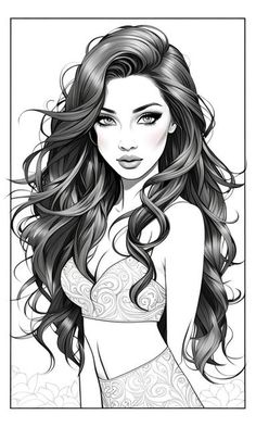 a drawing of a woman with long, wavy hair and an open bra on her chest