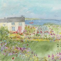 a watercolor painting of a house and garden by the ocean with boats in the distance