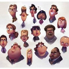 a bunch of cartoon faces are shown in this image, with one man's nose sticking out