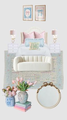 a bed room with a neatly made bed next to two vases filled with flowers