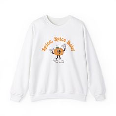 Get ready to embrace the cozy fall vibes with our hilarious Spice Spice Baby sweatshirt featuring an adorable pumpkin design! This fun and festive crewneck is perfect for all the pumpkin spice enthusiasts who live for that seasonal blend of cinnamon, nutmeg, and everything nice. Whether you're sipping on your favorite latte, strolling through a pumpkin patch, or just lounging at home, this sweatshirt will keep you stylish, warm, and full of autumn spirit. Crafted from a premium soft cotton blend, this sweatshirt is designed for ultimate comfort and durability. Its unisex fit makes it a versatile addition to your fall wardrobe, perfect for layering or wearing solo on crisp autumn days. It's the ideal sweatshirt for anyone who can't get enough of fall flavors and loves to keep things lighthe Cute Sweater For Fall Streetwear, Relaxed Fit Cartoon Print Top For Fall, Cute Fall Streetwear Tops, White Cartoon Print Sweater For Fall, Cozy Orange Crew Neck Top, Cute Fall Sweatshirt For Streetwear, Cute Sweatshirt For Fall Streetwear, Cute Fall Streetwear Sweatshirt, Cute Streetwear Sweatshirt For Fall