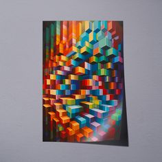 an abstract painting on the wall with colorful blocks and lines coming out of it's center