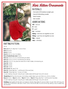 a knitted mitten ornament hanging from a christmas tree with instructions to make it