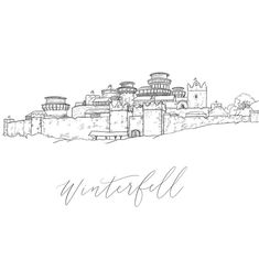 a black and white drawing of a castle with the word winter written in front of it