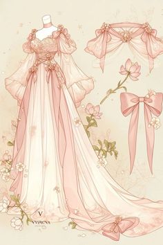 a drawing of a wedding dress with pink bows and flowers on the skirt, along with matching veils