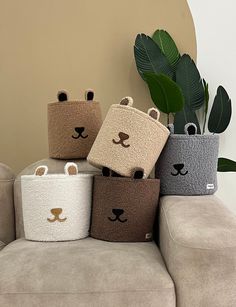 four different colored bear baskets sitting on top of a couch next to a potted plant