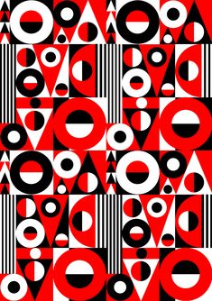 an abstract pattern with black, white and red shapes