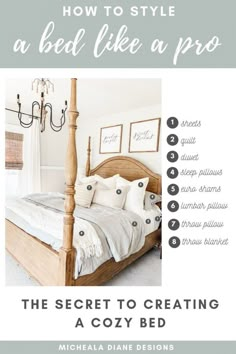 a bed sitting next to a chandelier with pictures above it that says how to style a bed like a pro the secret to creating a cozy bed