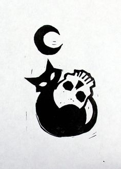 a black and white drawing of a cat with a half moon on it's back