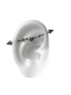 a pair of white ear plugs with metal spikes