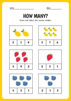 the worksheet for how many? is shown in blue, yellow and red