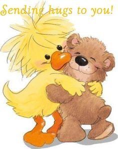 an image of a teddy bear hugging a yellow duck with caption that reads, buenos dias un abrasito con mucho certito para ti