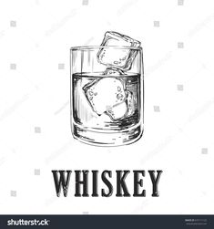 whiskey glass with ice cubes on the rocks hand drawn sketch illustration isolated from white background