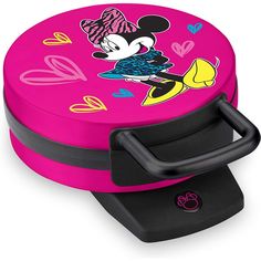 the minnie mouse lunch box is pink with black handles and features an adorable cartoon character