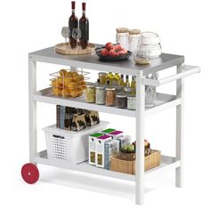 a kitchen cart with food and drinks on it