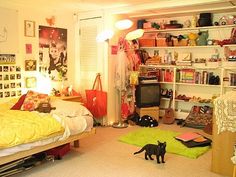 a cat is standing in the middle of a bedroom