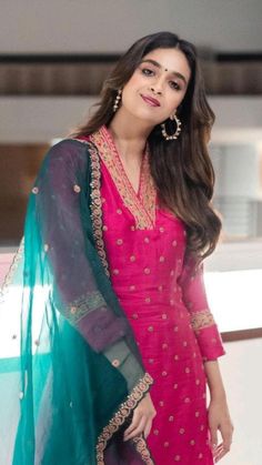 Hair Blonde Ideas, Pink Salwar Kameez, Long Hair Blonde, Blonde Ideas, Hairstyle For Long Hair, Silk Kurti Designs, Daughter Outfits, Keerthy Suresh, Long Gown Design