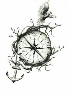 a drawing of an anchor, compass and bird